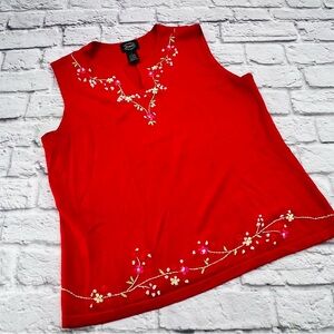 Design Studio Origional Floral Embroidered Red Tank Top Large Fine Knit